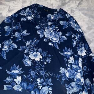 Grace The Perfect Fit Navy Blue Floral Ruffle Bell Sleeve Blouse Top M